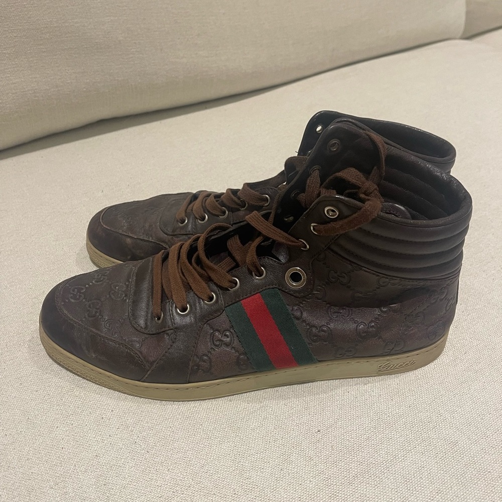 Brown Patent Gucci High Top Sneakers